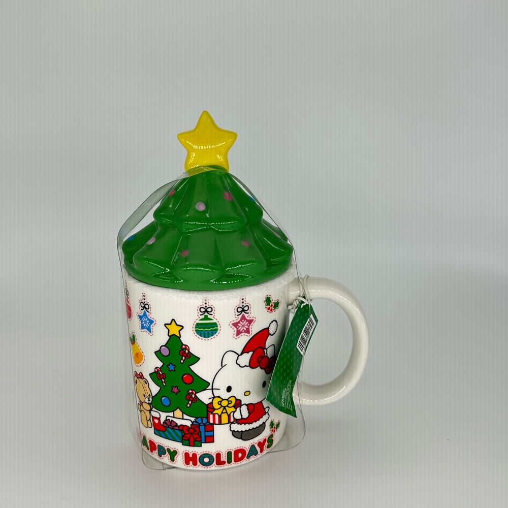 NWT Hello Kitty Happy Holidays Christmas Tree Top Coffee Mug 18oz White Green